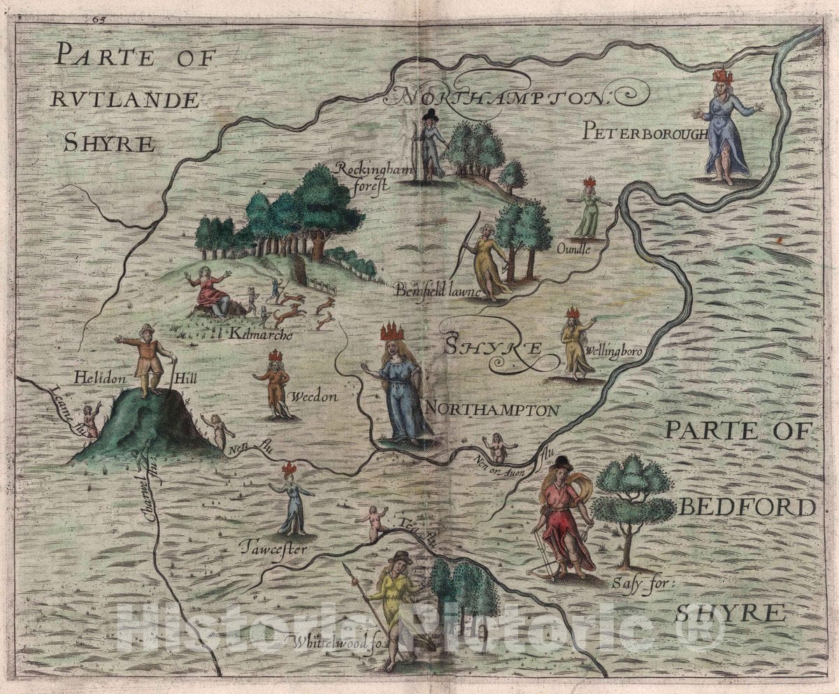 Historic Map : Parte of Rutlande Shyre, Northampton Shyre, Parte of Bedford Shyre, 1622 - Vintage Wall Art