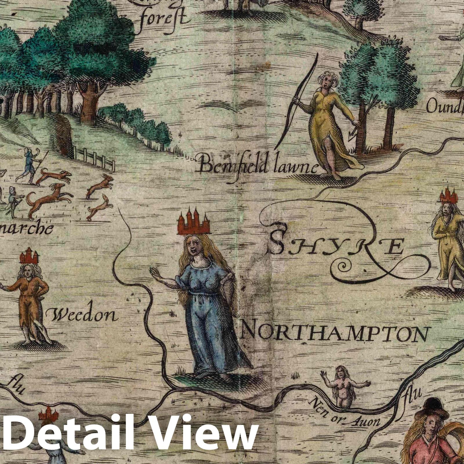 Rutland, Northamptonshire, Bedfordshire - Pictorial Map, 1622