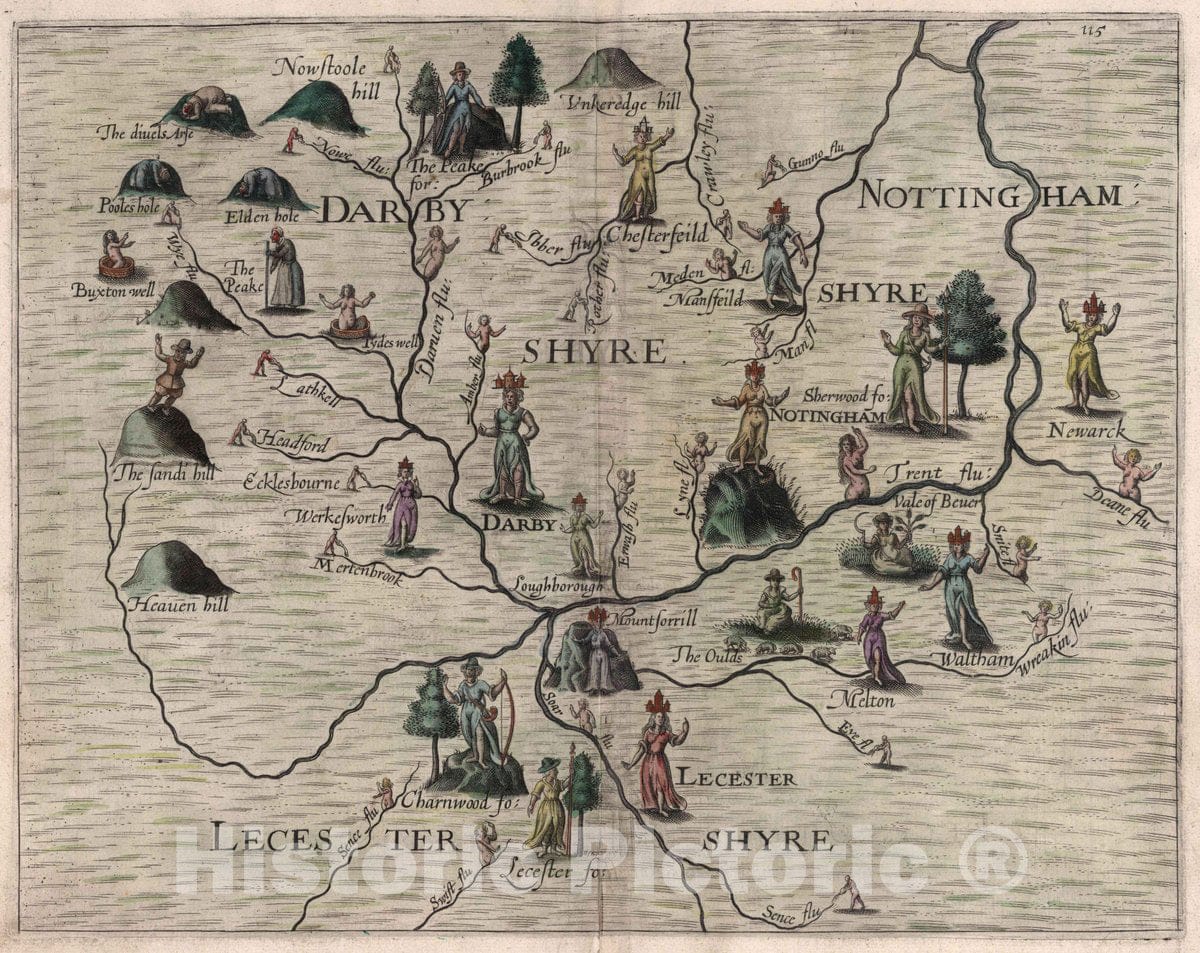 Historic Map : Darby Shyre, Nottingham Shyre, Lecester Shyre, 1622 - Vintage Wall Art