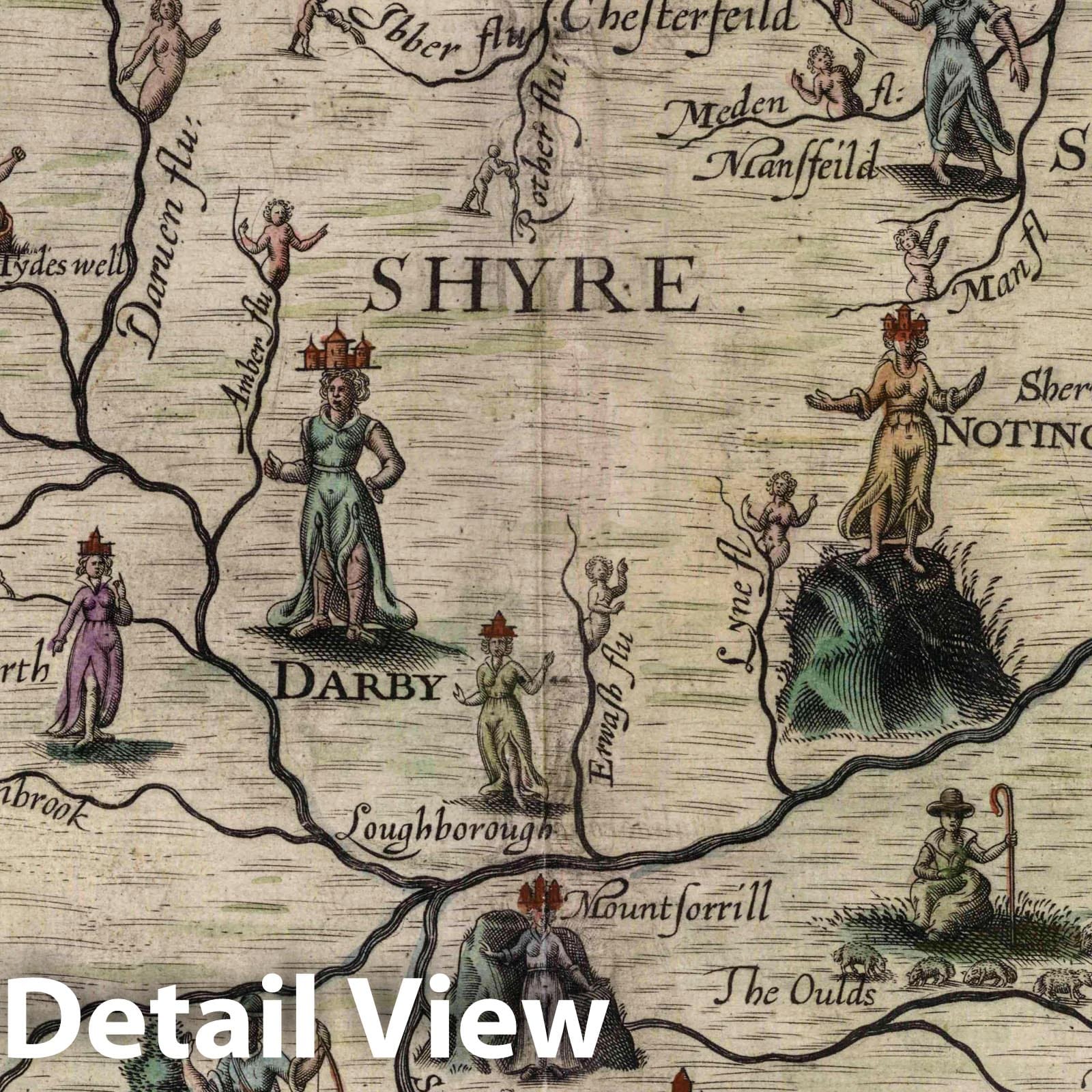 Derbyshire, Nottinghamshire, Leicestershire - Pictorial Map, 1622