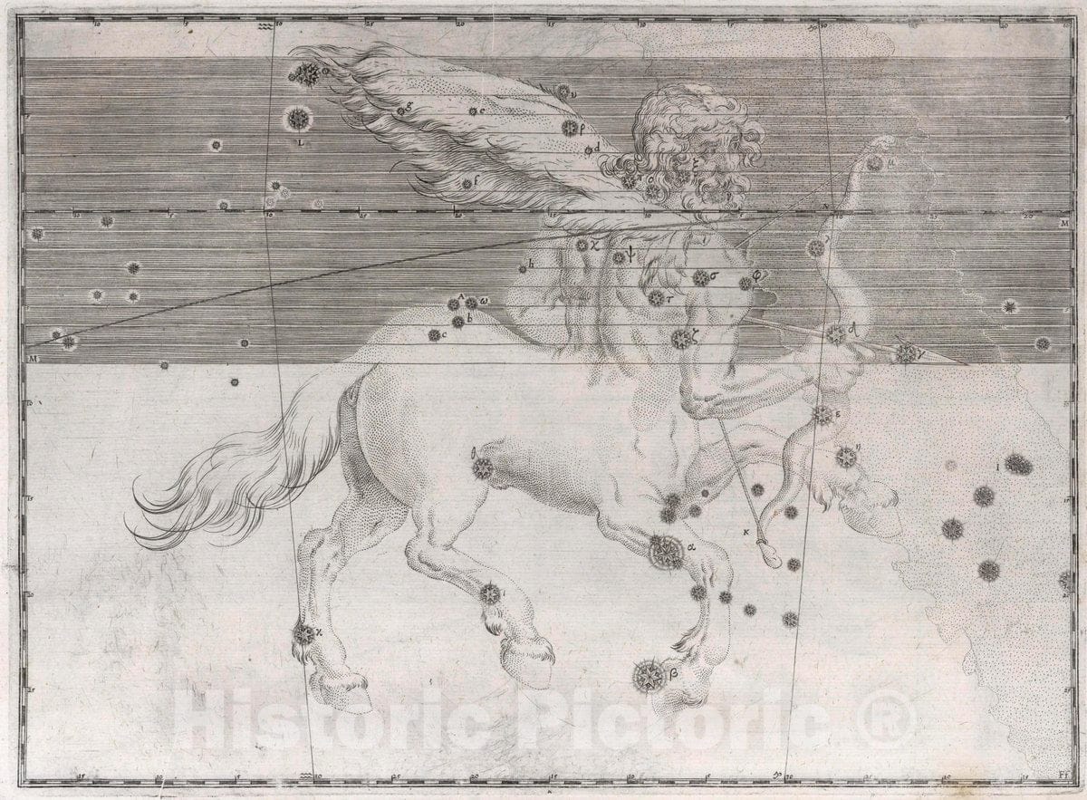 Historic Map : Constellation: Sagittarius, Centaur Holding a Bow and Arrow, 1655 Celestial Atlas - Vintage Wall Art