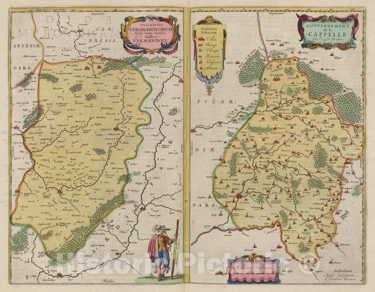 Historic Wall Map : France, Picardie, France [Left] Descriptio Veromandvorvm; [Right] Govvernement de la Cappelle, 1665 Atlas , Vintage Wall Art