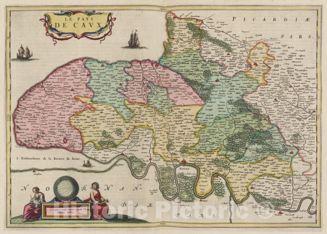 Historic Map : France, Pays de Caux Region, France Atlas Maior Sive Cosmographia Blaviana, Le Pays De Cavx, 1665 Atlas , Vintage Wall Art