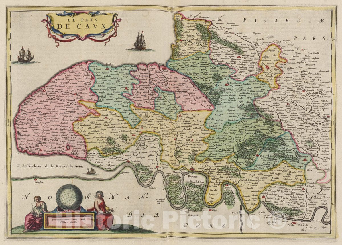 Historic Map : France, Pays de Caux Region, France Atlas Maior Sive Cosmographia Blaviana, Le Pays De Cavx, 1665 Atlas , Vintage Wall Art