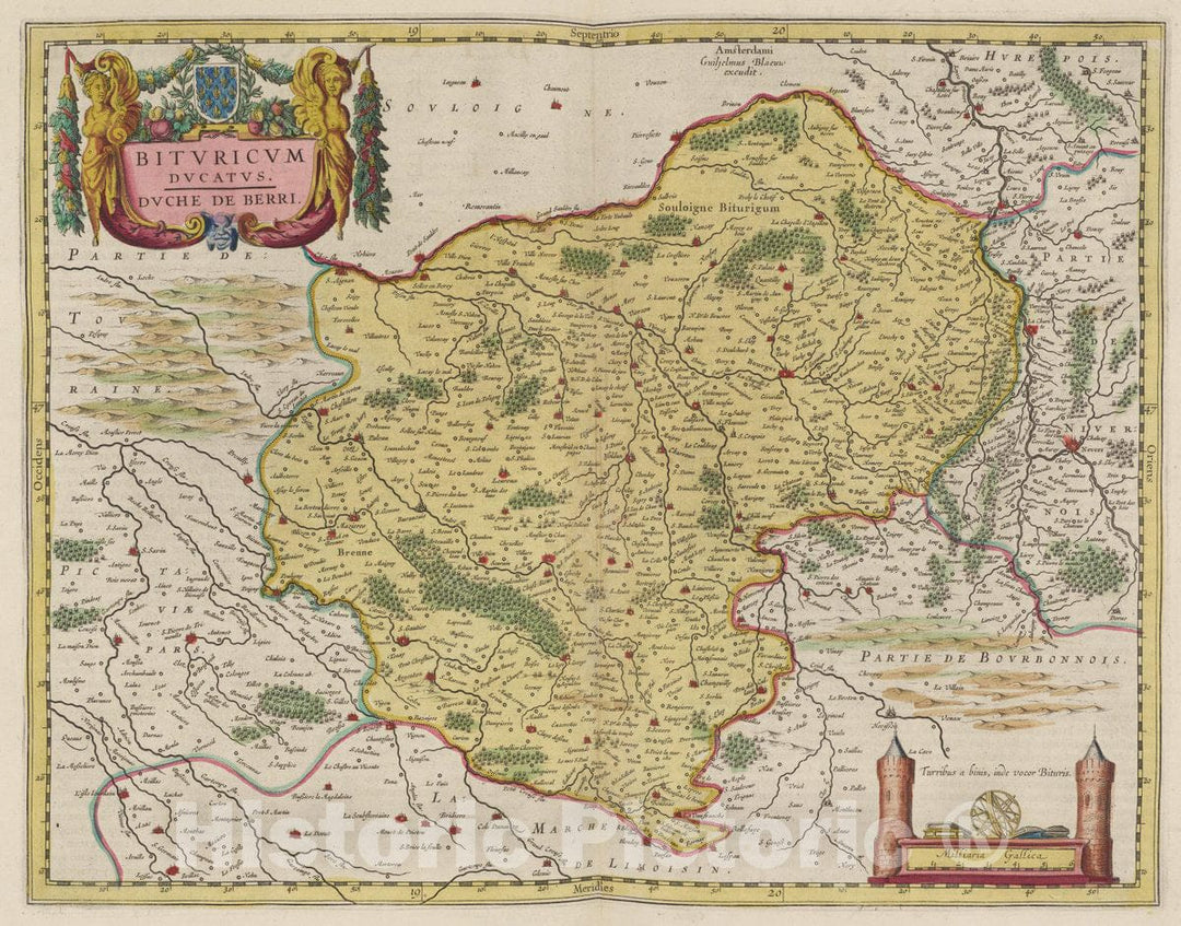 Historic Map : France, Berry Region , France Bitvricvm Dvcatvs Dvche De Berri, 1665 Atlas , Vintage Wall Art