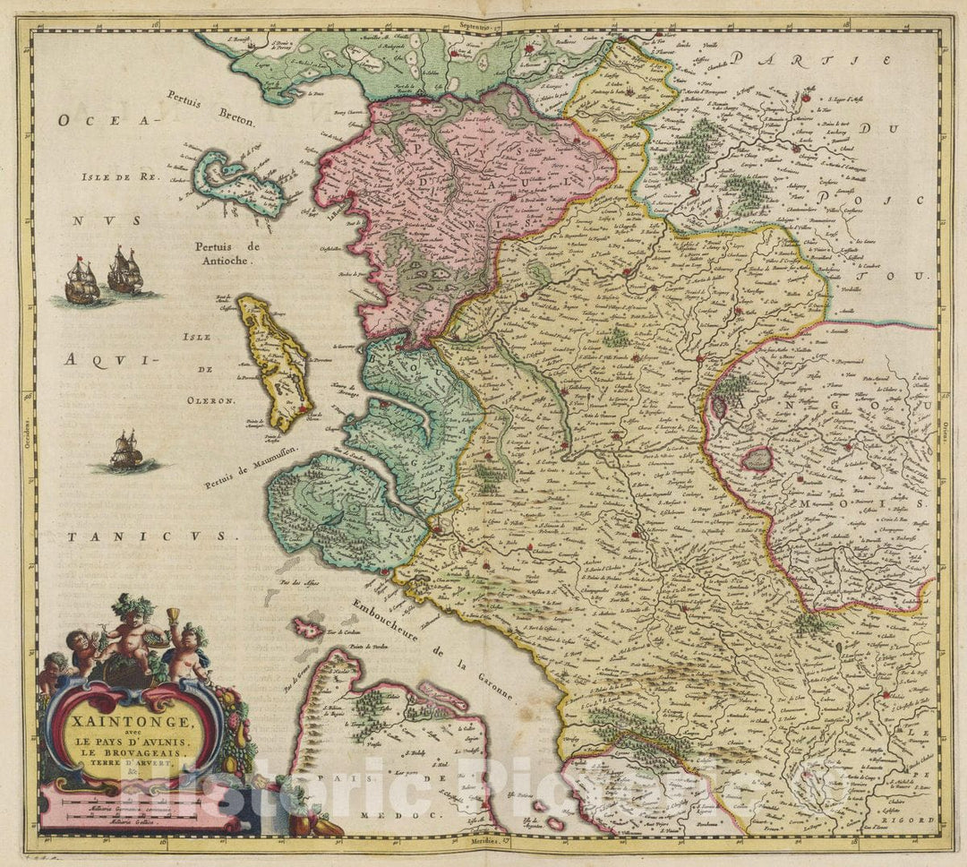 Historic Map : France, Poitou , France Xaintonge, avec Le Pays D'Avlnis, 1665 Atlas , Vintage Wall Art