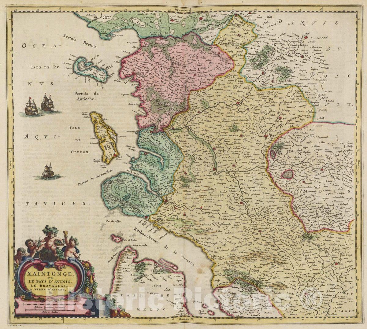 Historic Map : France, Poitou , France Xaintonge, avec Le Pays D'Avlnis, 1665 Atlas , Vintage Wall Art