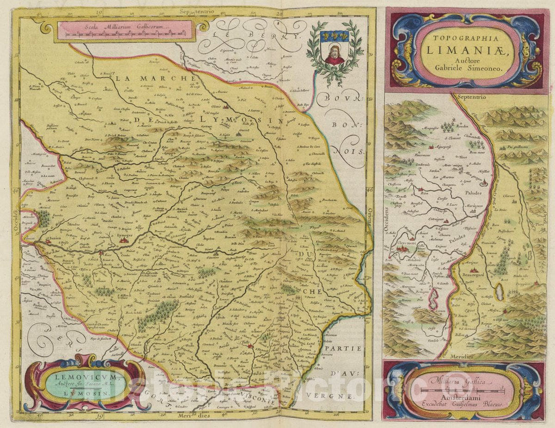 Historic Map : France, Limousin Region , France [Left[ Lemovicvm; [Right] Topographia Liminiae , Vintage Wall Art