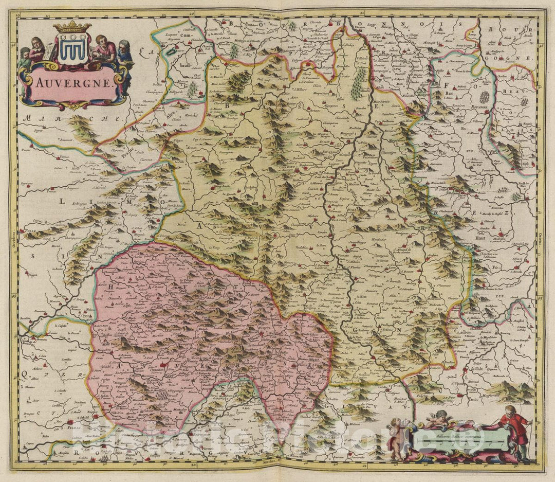 Historic Map : France, Auvergne Region , France Atlas Maior Sive Cosmographia Blaviana, Auvergne, 1665 Atlas , Vintage Wall Art