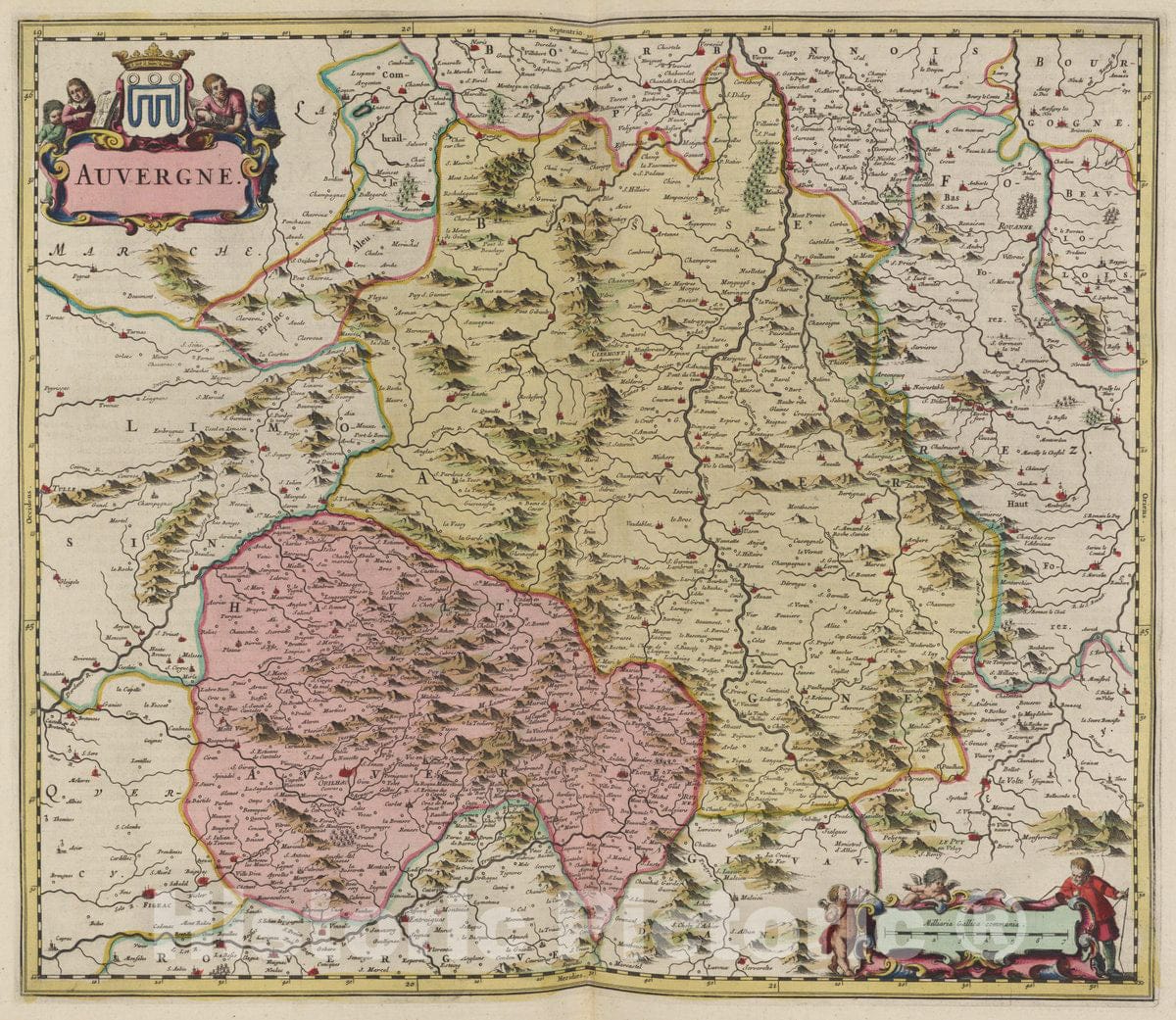 Historic Map : France, Auvergne Region , France Atlas Maior Sive Cosmographia Blaviana, Auvergne, 1665 Atlas , Vintage Wall Art