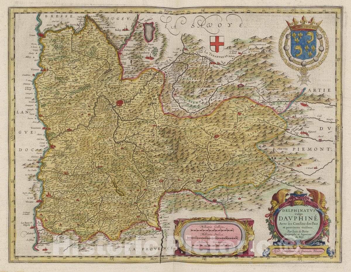 Historic Map : France, Dauphine Region , France Delphinatvs vulgo Davphin? 1665 Atlas , Vintage Wall Art