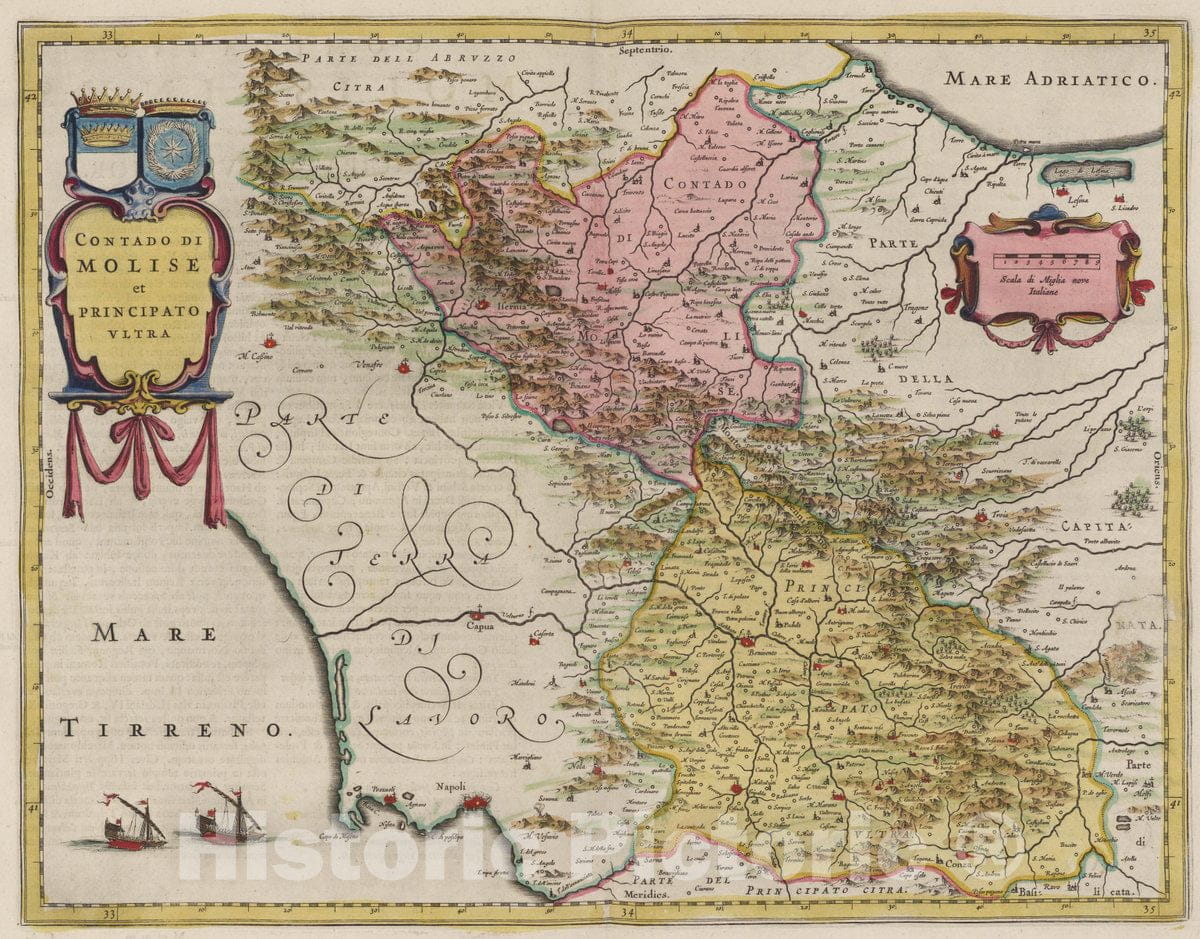 Molise and Principato Ultra, Italy 1665 - Historical Map Print from Blaeu's Atlas Maior