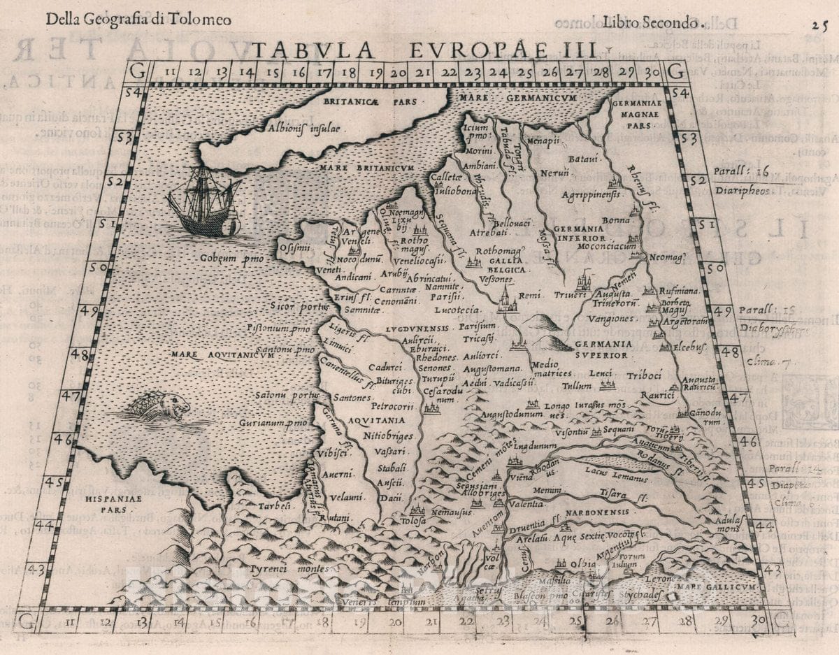 Historic Map : France, , Europe Tabula Europae III. Della Geografia di Tolomeo. Libro Secondo, 1599 Atlas , Vintage Wall Art