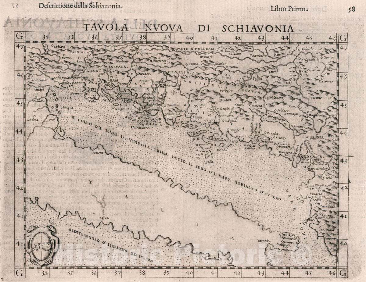 Historic Wall Map : Balkan Peninsula, Europe Tavola Nvova di Schiavonia. Descrittione Della Schiauonia. Libro Primo, 1599 Atlas , Vintage Wall Art