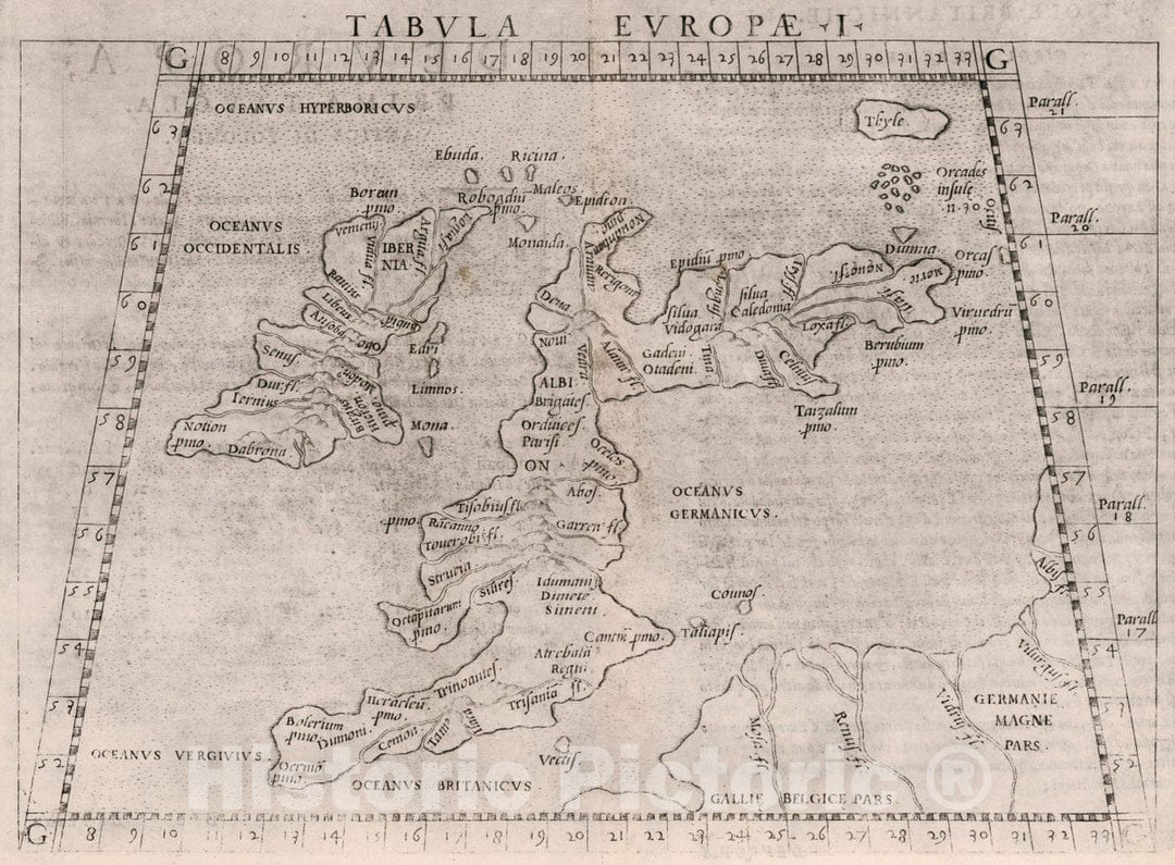 Historic Map : Great Britain, British Isles, Europe Tabvla Evropae I. D'Evropa, Prima Tavola. Antica di Tolomeo, 1561 Atlas , Vintage Wall Art