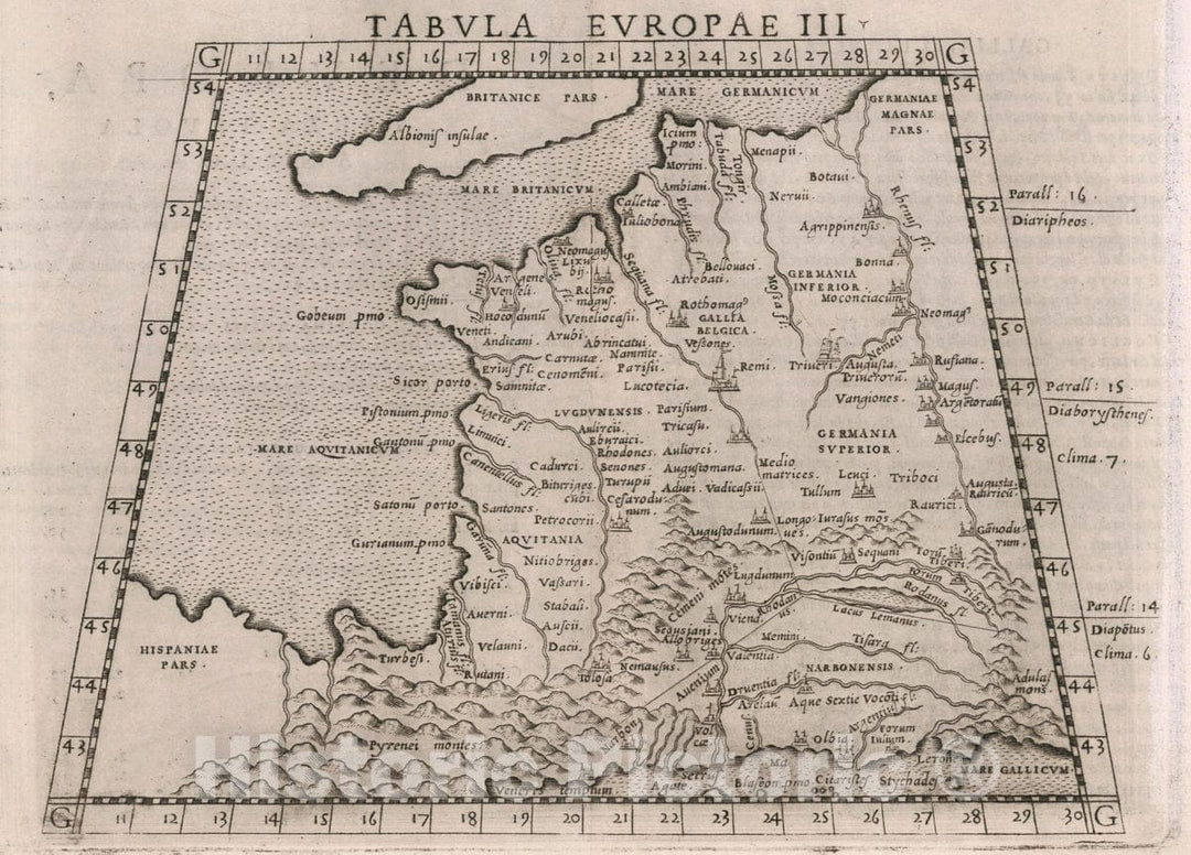 Historic Map : France, , Europe Tabvla Evropae III. D'Evropa, Terza tavola. Antica. La geografia di Claudio Tolomeo Alessandrino, 1561 Atlas , Vintage Wall Art