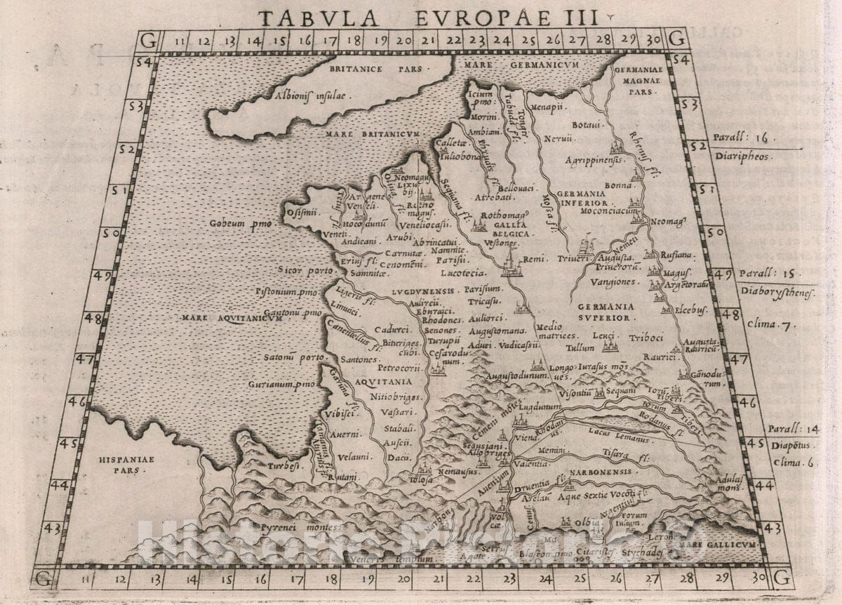 Historic Map : France, , Europe Tabvla Evropae III. D'Evropa, Terza tavola. Antica. La geografia di Claudio Tolomeo Alessandrino, 1561 Atlas , Vintage Wall Art