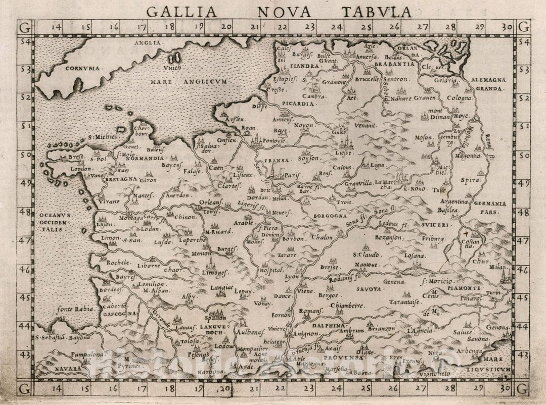 Historic Map : France, , Europe Gallia nova tabvla. Della Gallia, 1561 Atlas , Vintage Wall Art