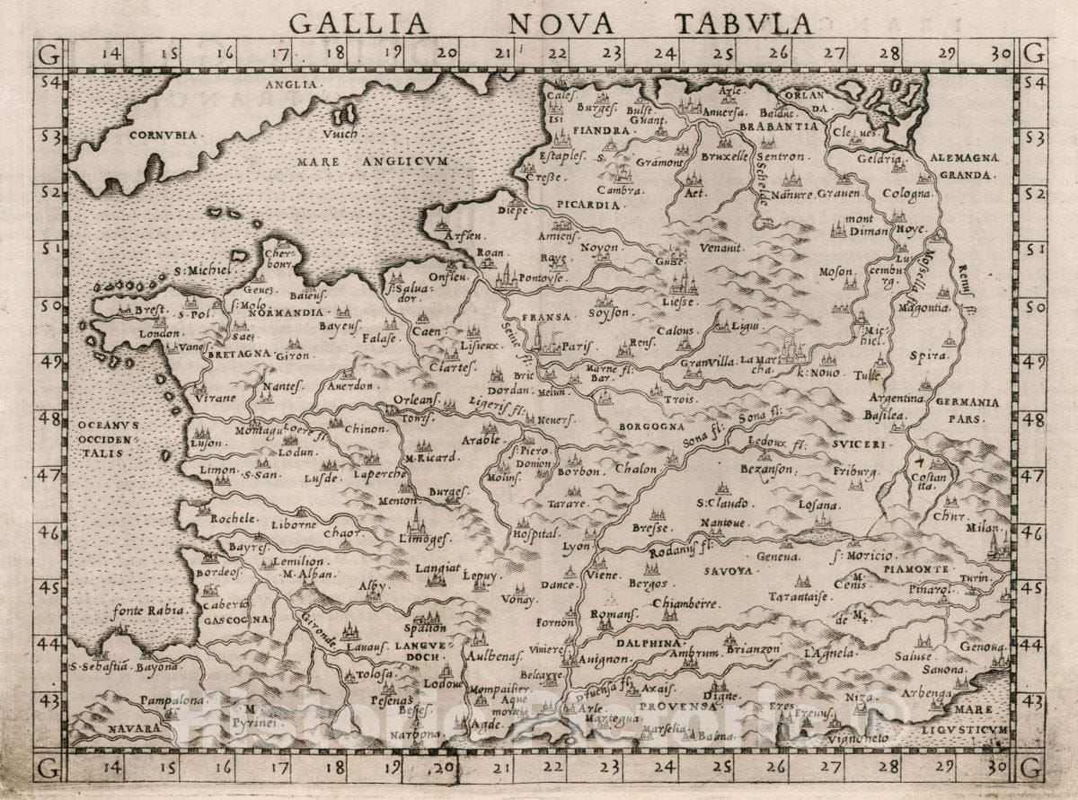Historic Map : France, , Europe Gallia nova tabvla. Della Gallia, 1561 Atlas , Vintage Wall Art