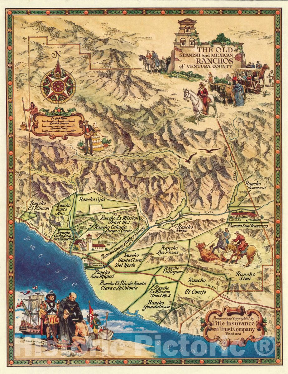 Ventura County, California - Pictorial Map, 1965 - Spanish and Mexican Ranchos
