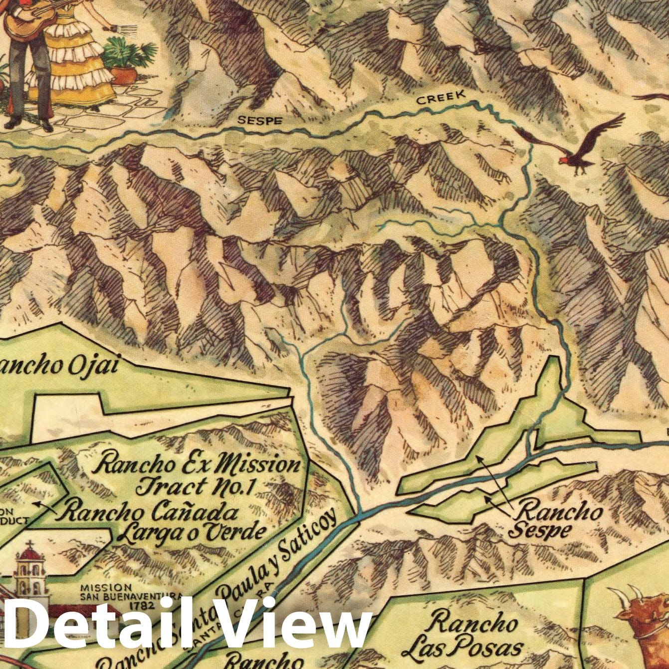 Ventura County, California - Pictorial Map, 1965 - Spanish and Mexican Ranchos