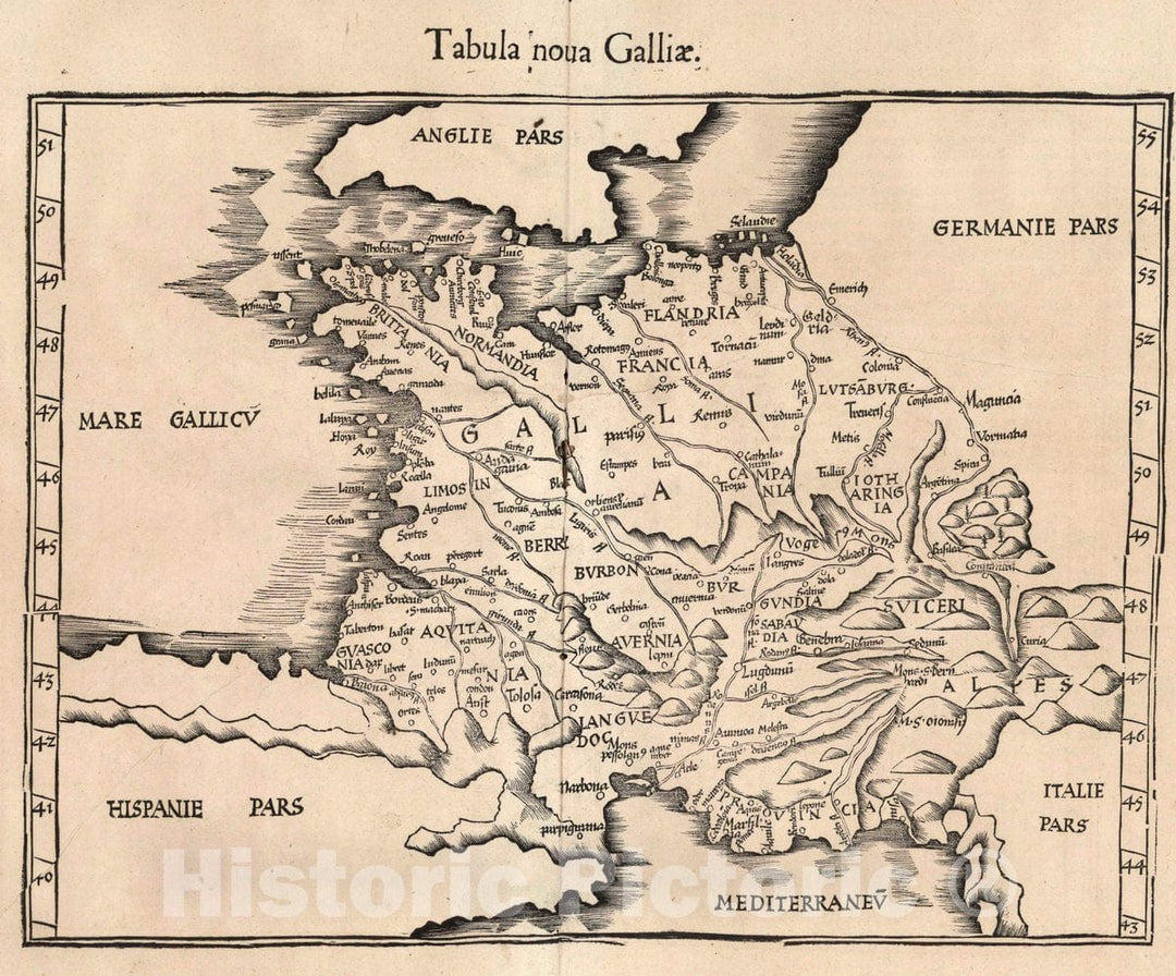 Historic Map : France, Tabula noua Galliae. Claudii Ptolemaei Alexandrini Geographicae enarrationis libri octo, 1541 Atlas , Vintage Wall Art
