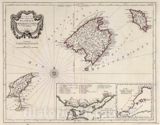 Historic Map : Balearic Islands 10. Carte des Isles de Majorque, Minorque et Yvice, 1784 Atlas , Vintage Wall Art