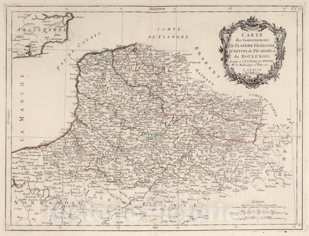 Historic Map : Flanders , FranceLe Royaume de France divise Par Gouvernements Militaires, 1777 Atlas , Vintage Wall Art