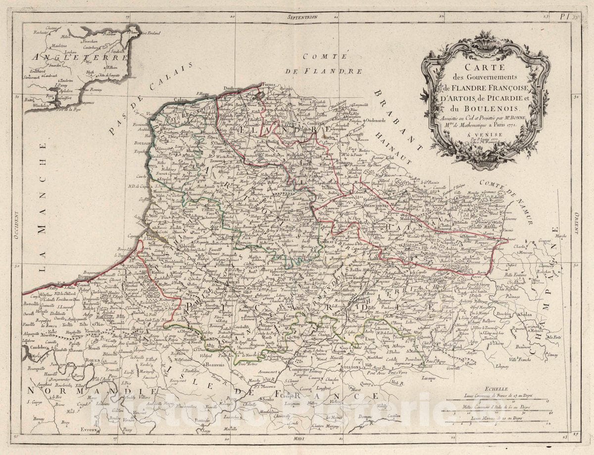 Historic Map : Flanders , FranceLe Royaume de France divise Par Gouvernements Militaires, 1777 Atlas , Vintage Wall Art