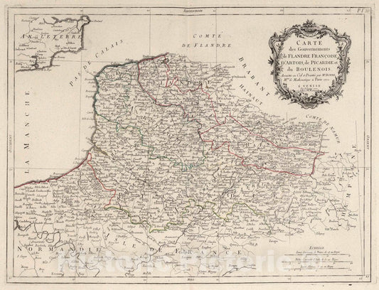 Historic Map : Flanders , FranceLe Royaume de France divise Par Gouvernements Militaires, 1777 Atlas , Vintage Wall Art