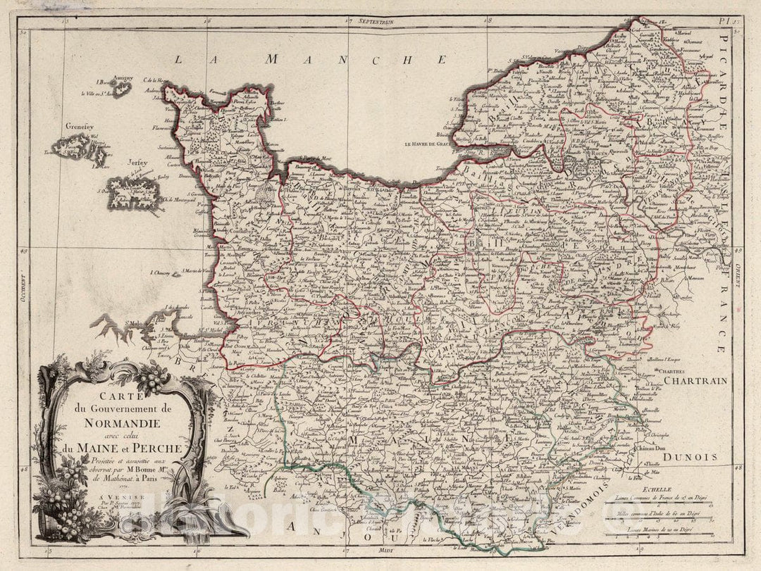 Historic Map : Normandy , France 13. Carte du Gouvernement de Normandie avec celui du Maine et Perche, 1777 Atlas , Vintage Wall Art