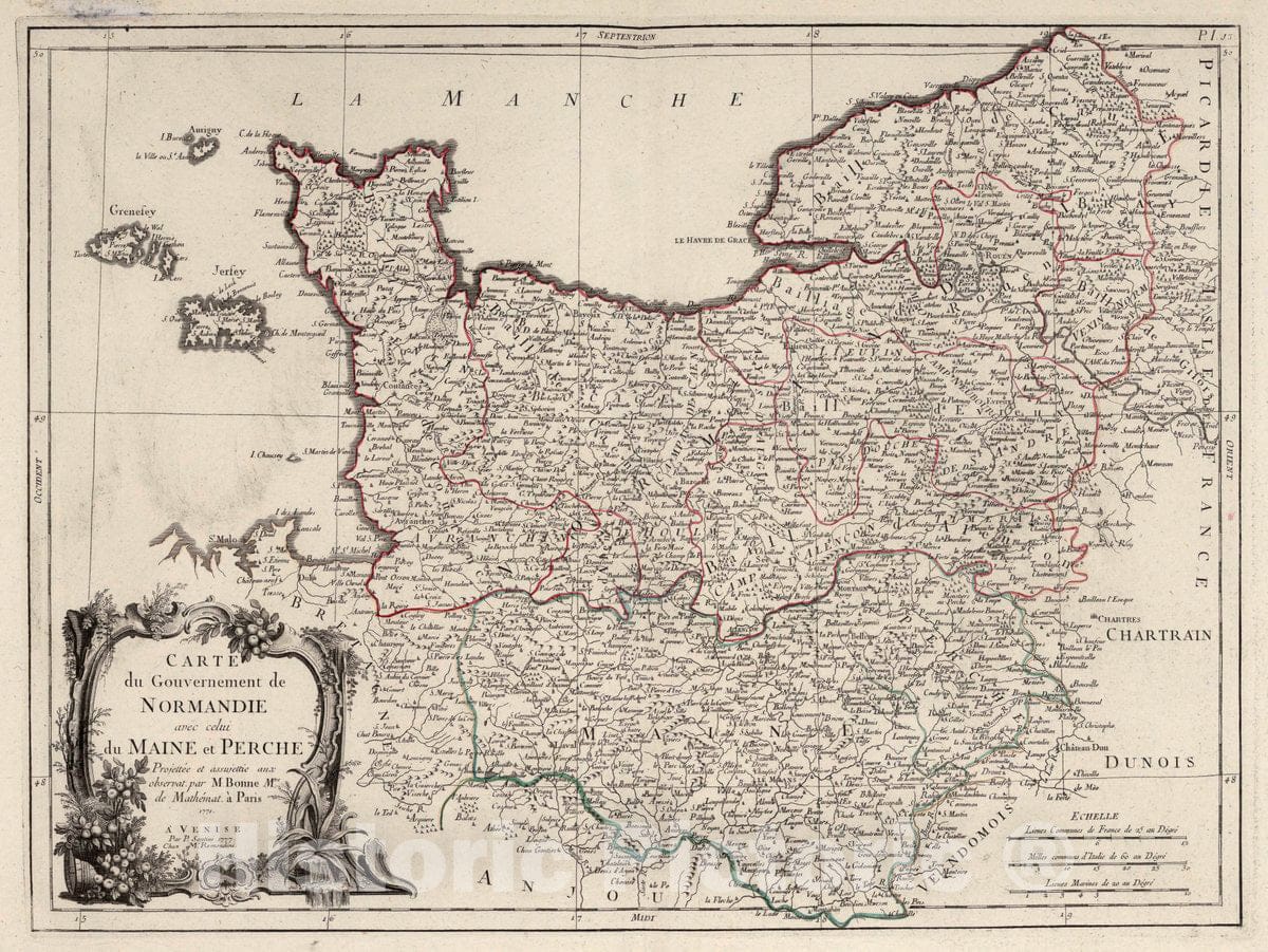 Historic Map : Normandy , France 13. Carte du Gouvernement de Normandie avec celui du Maine et Perche, 1777 Atlas , Vintage Wall Art