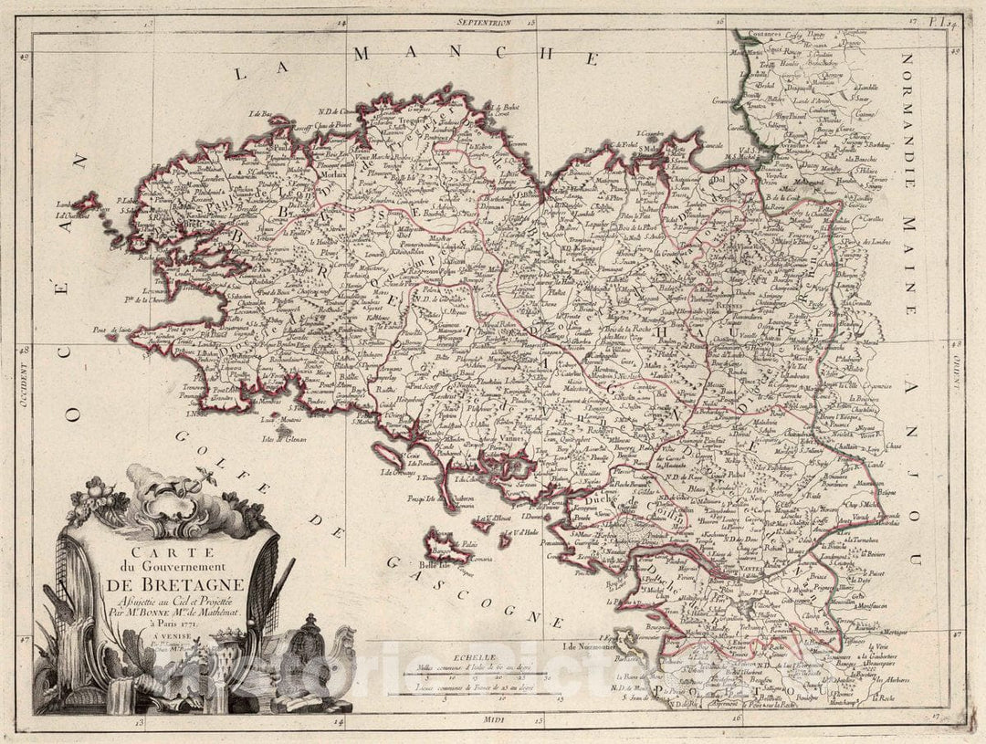 Historic Map : Britanny , France 14. Carte du Gouvernement de Bretagne, 1771 Atlas , Vintage Wall Art