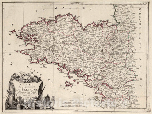 Historic Map : Britanny , France 14. Carte du Gouvernement de Bretagne, 1771 Atlas , Vintage Wall Art