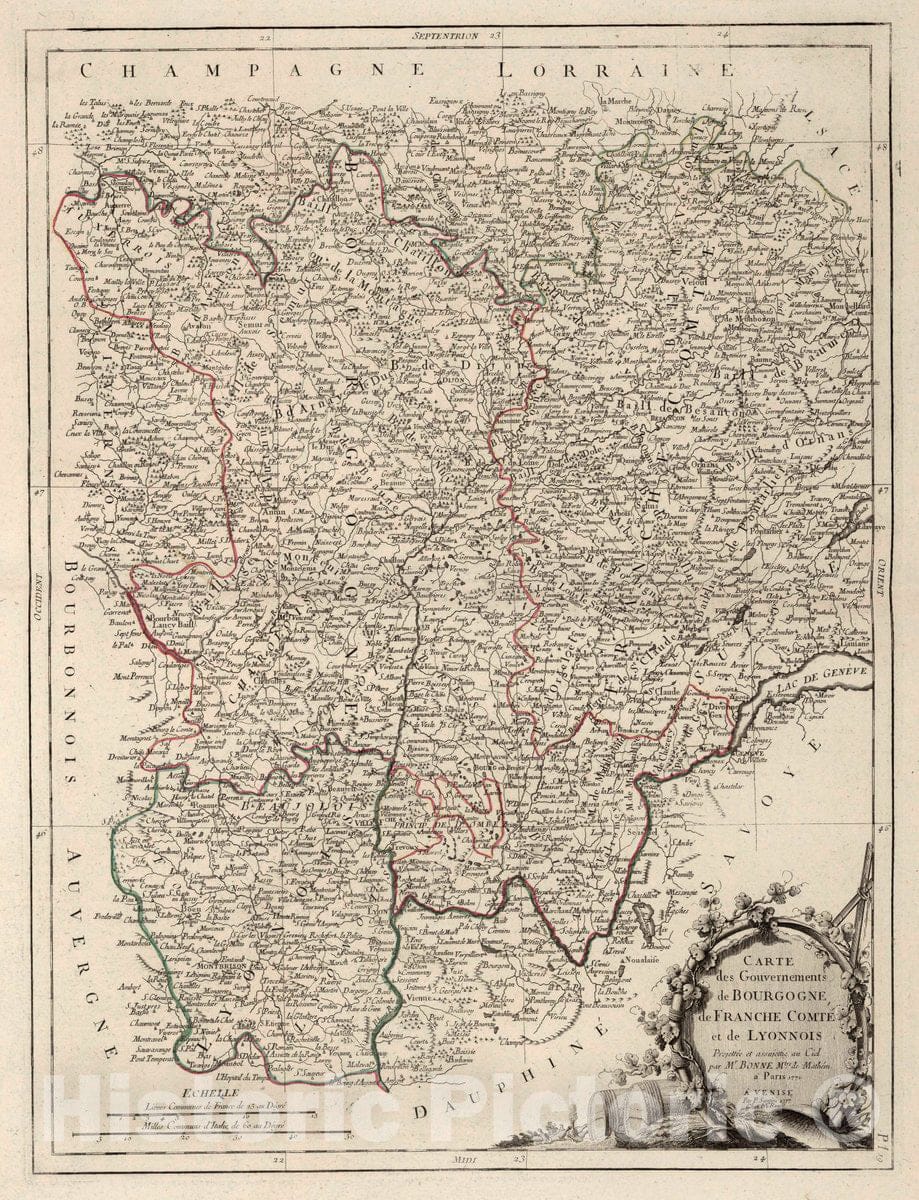 Historic Map : Burgundy , France 19. Carte des Gouvernements de Bougogne, de Franche Comte et de Lyonnois, 1784 Atlas , Vintage Wall Art