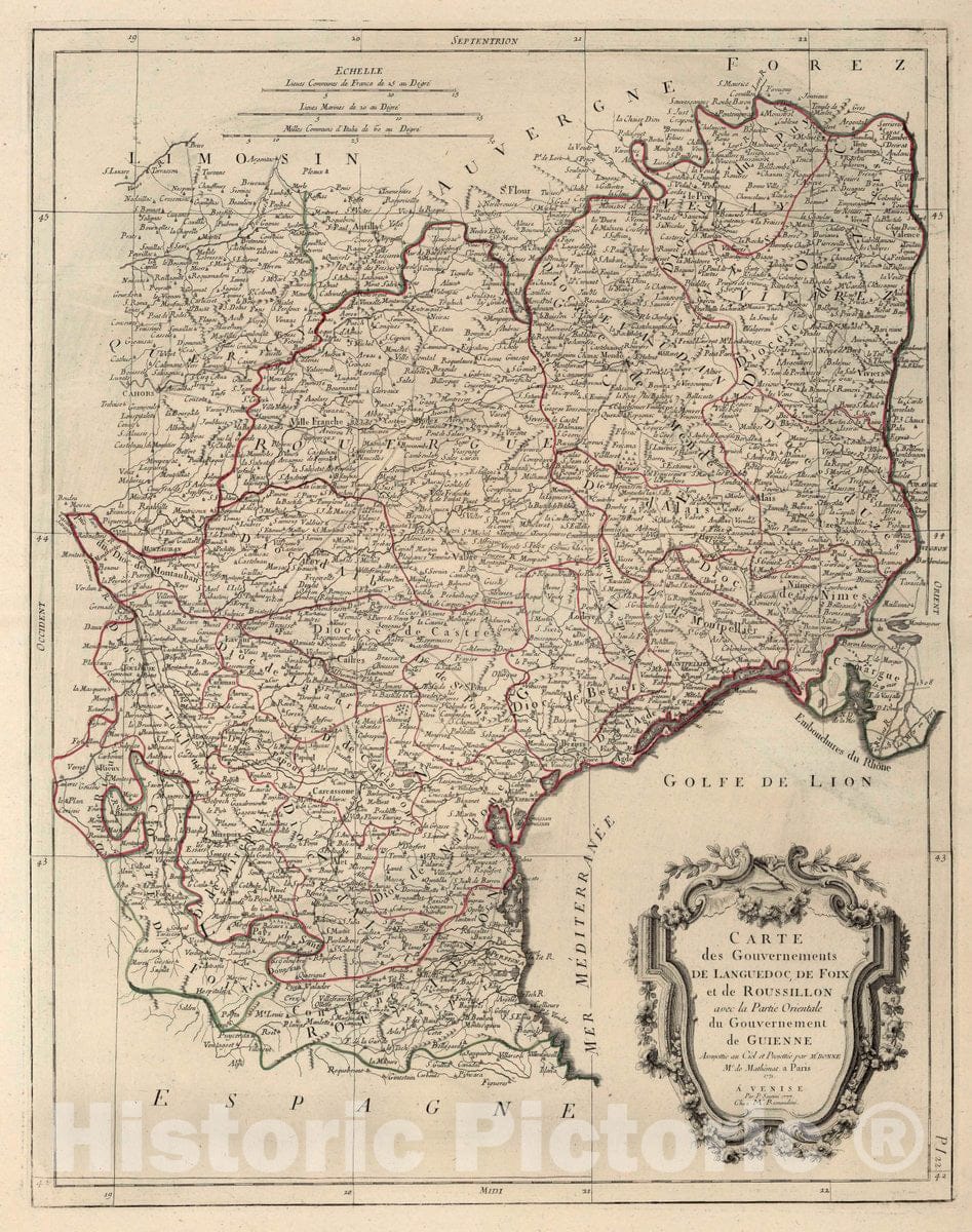 Historic Map : Langedoc , France 22. Carte des Gouvernements de Languedoc, de Foix et de Roussillon Guienne, 1777 Atlas , Vintage Wall Art