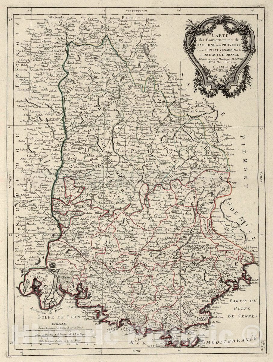 Historic Map : Dauphiny , France 23. Carte des Gouvernements de Dauphine et de Provence, 1777 Atlas , Vintage Wall Art