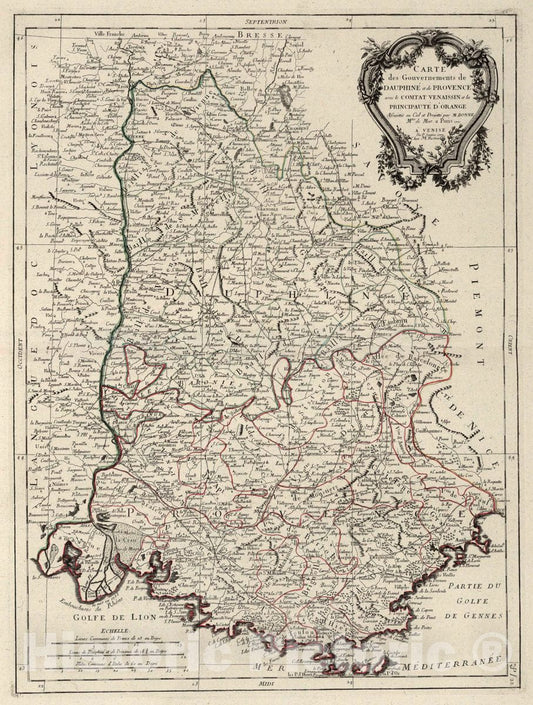 Historic Map : Dauphiny , France 23. Carte des Gouvernements de Dauphine et de Provence, 1777 Atlas , Vintage Wall Art