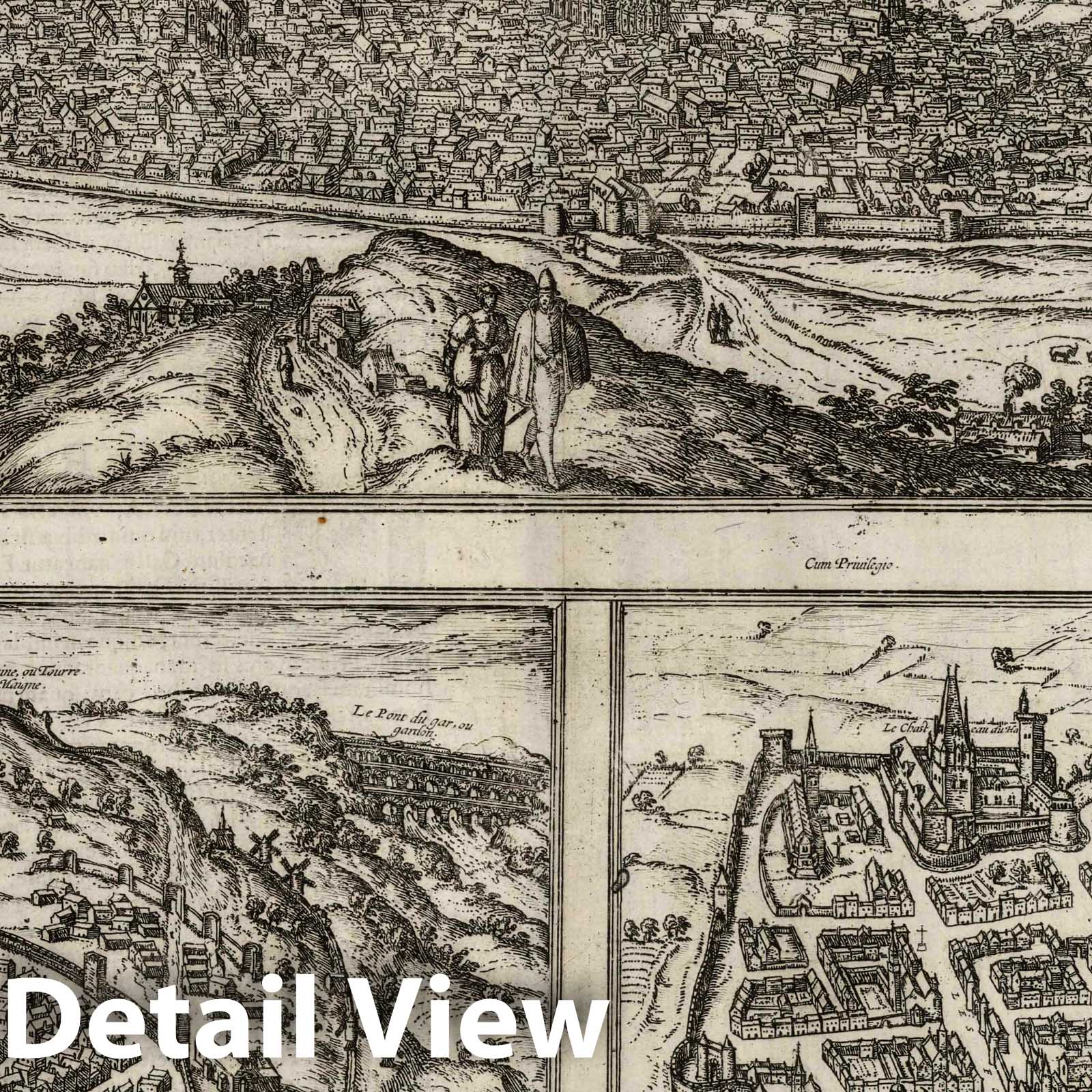 Rouen, Nimes, and Bordeaux, France - River Map, 1575 - Historical Map Print