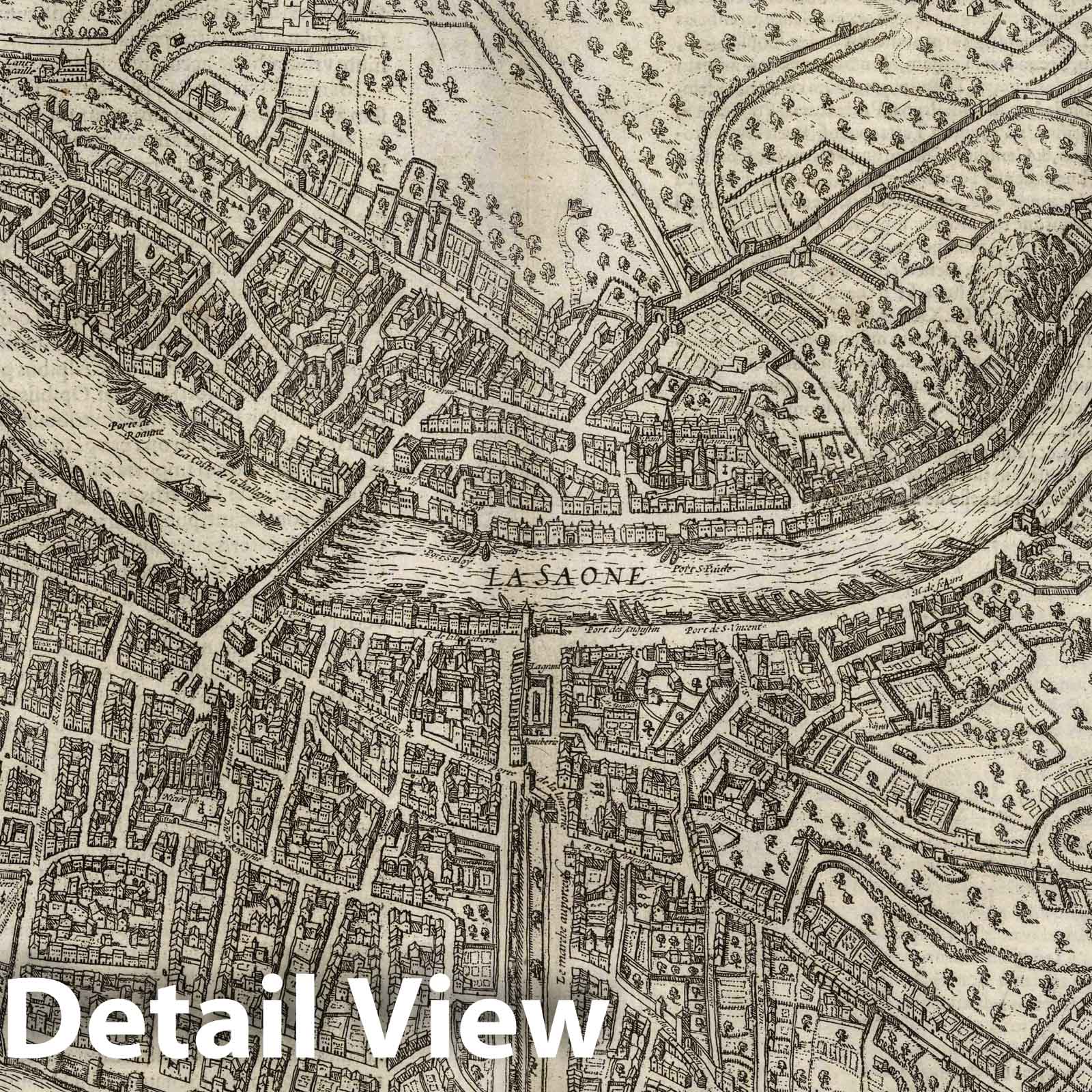 Lyon, France - River Map, 1575 - Historical Map Reproduction