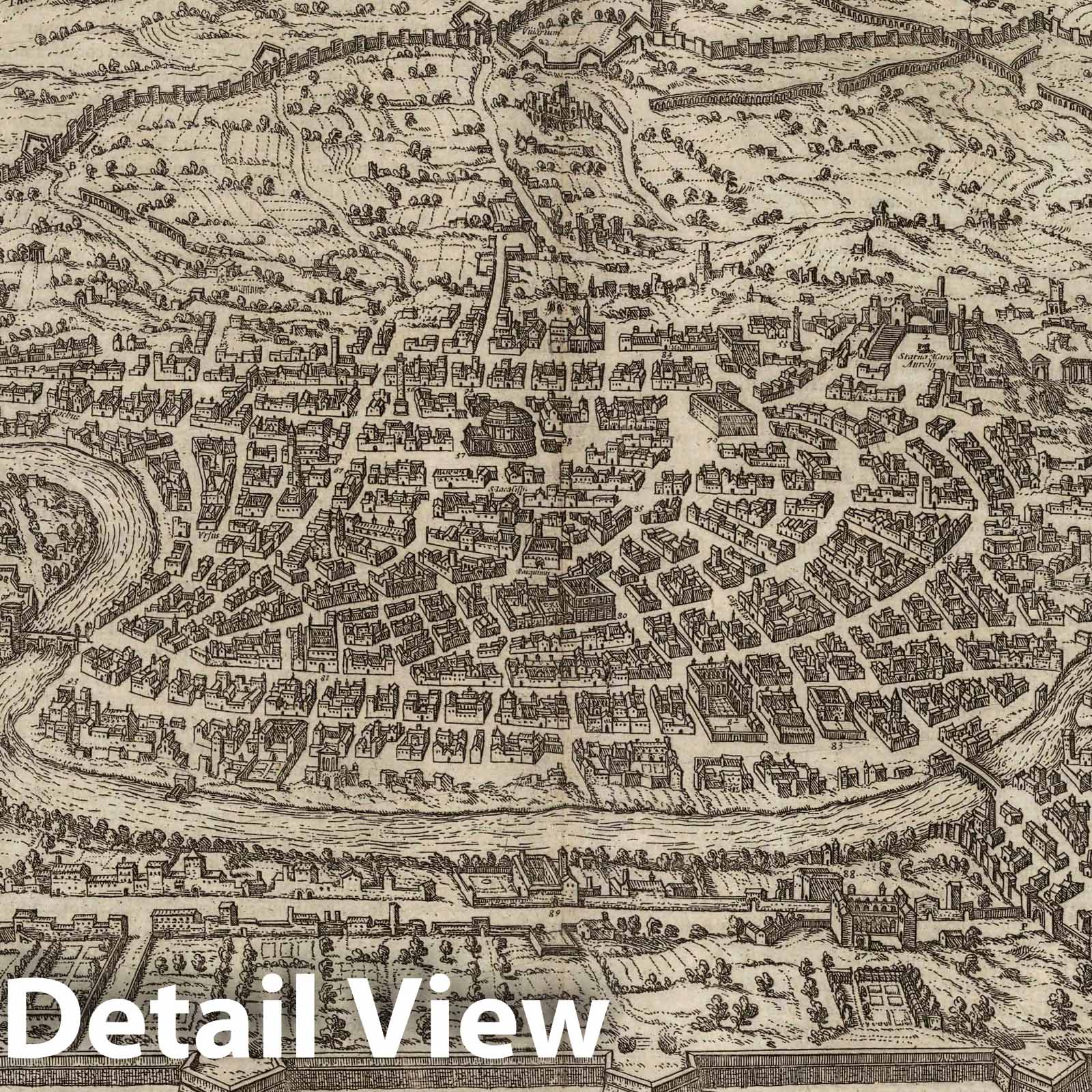 Rome, Italy - River Map, 1575 - Civitates Orbis Terrarum Bird's-Eye View