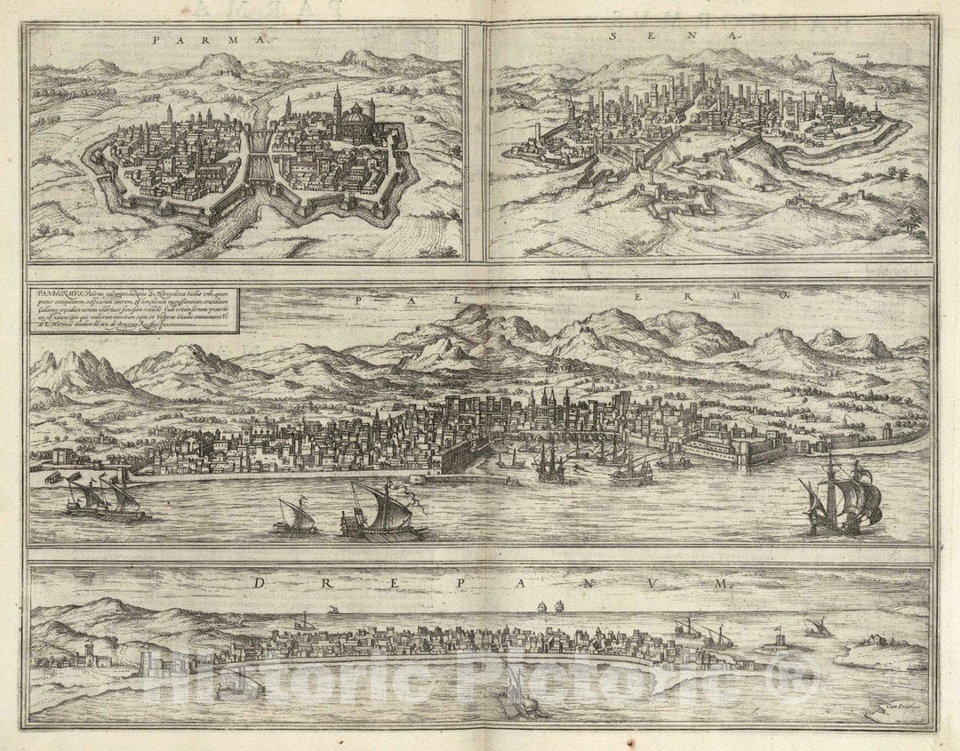 Historic Map : Parma (Italy), Vol I (48) Parma. Sena (Siena). Palermo. Drepanum (Trapani), 1575 Atlas , Vintage Wall Art