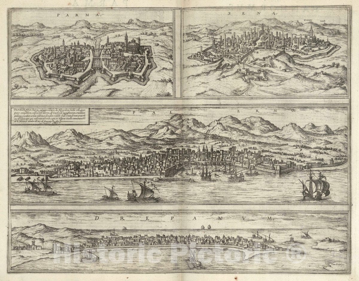 Historic Map : Parma (Italy), Vol I (48) Parma. Sena (Siena). Palermo. Drepanum (Trapani), 1575 Atlas , Vintage Wall Art