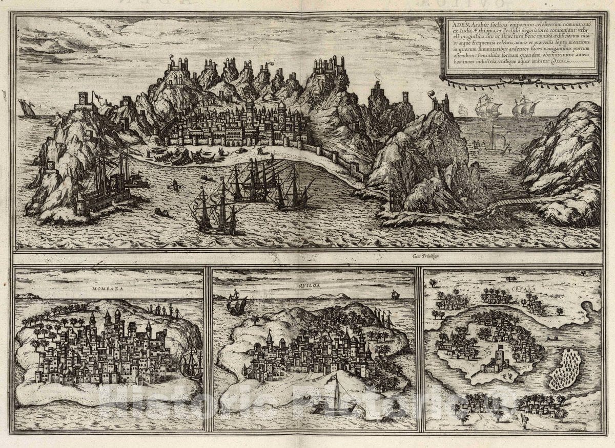 Historic Map : Aden (Yemen), Vol I (53) Aden. Mombaza (Mombasa). Quiloa (Kilwa Kisiwani). Cefala (Sofala), 1575 Atlas , Vintage Wall Art