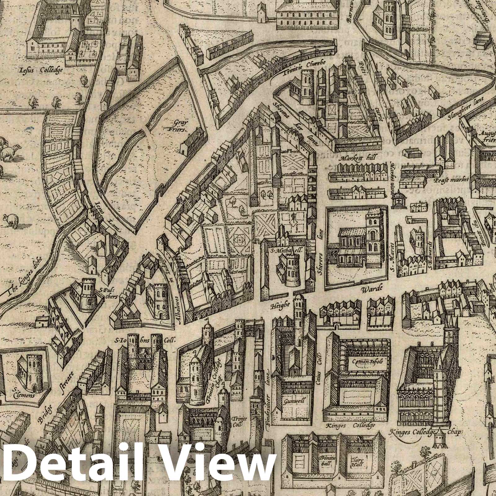 Cambridge, England - River Map, 1575 - Historical Map Print
