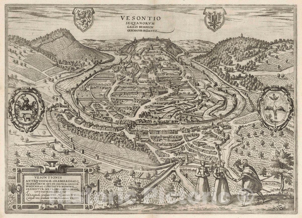 Besancon, France - River Map, 1575 - Historical Map Print