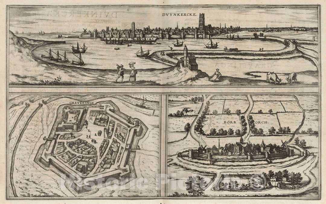 Historic Map : Dunkirk , France, 1575 Vol II (23) Duynkercke (Dunkirk). Grevelinge (Gravelines). Borborch (Bourbourg). , Vintage Wall Art