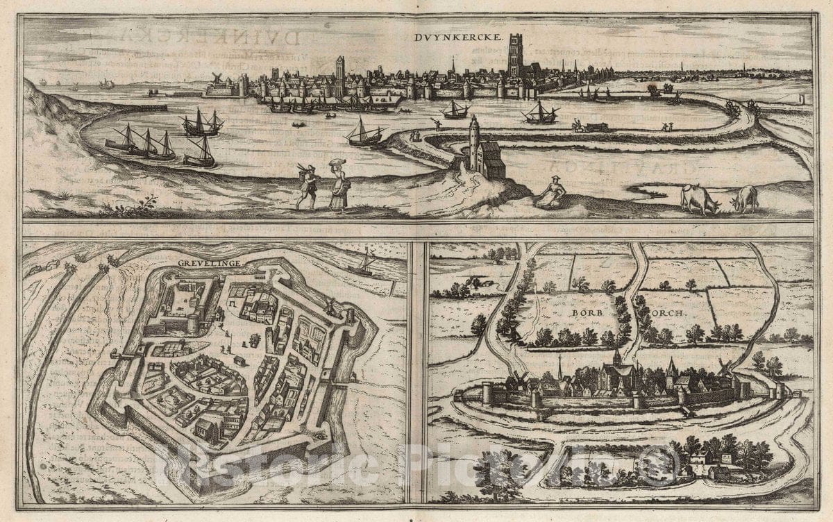 Historic Map : Dunkirk , France, 1575 Vol II (23) Duynkercke (Dunkirk). Grevelinge (Gravelines). Borborch (Bourbourg). , Vintage Wall Art