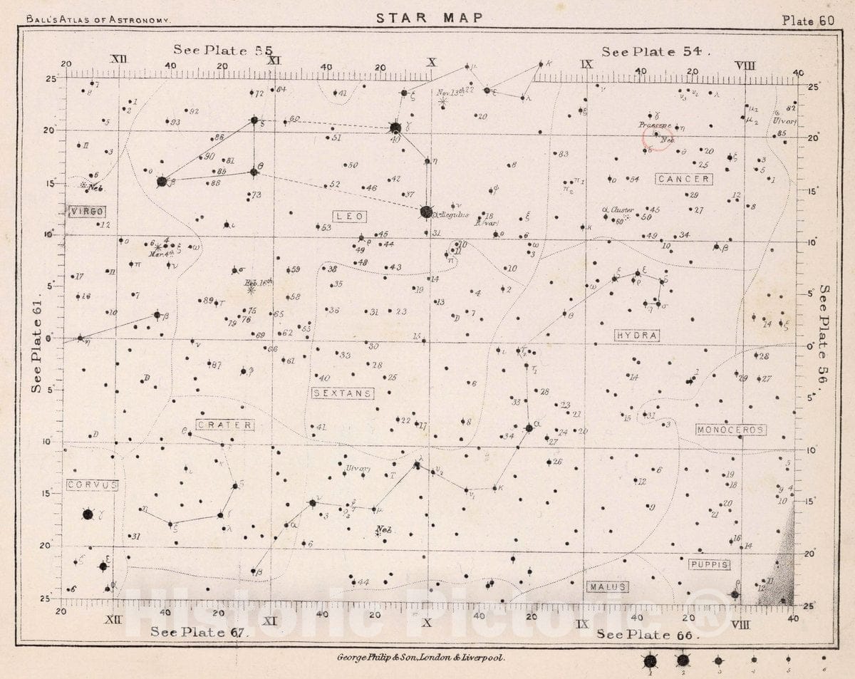 Historic Map : 60. Star Map. from an Atlas of Astronomy, 1892 Celestial Atlas - Vintage Wall Art