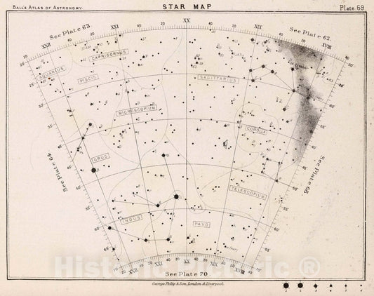 Historic Wall Map : 69. Star Map. from an Atlas of Astronomy, 1892 Celestial Atlas - Vintage Wall Art